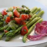 Dish with green string beans and asparagus